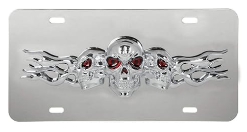 60288 S.S. LICENSE PLATE W/ 3D SMALL SKULLS EMBLEM, 4 HOLES - General Diesel Repair & Chrome