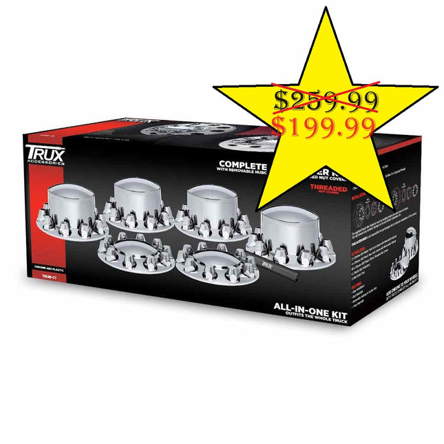 THUB-C1 Wheel Accessories - Kit - Chrome Plastic Front & Rear Hub Cover Kit with Threaded Nut Covers - General Diesel Repair & Chrome