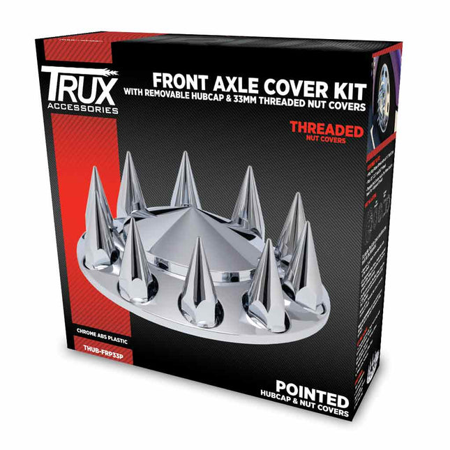 Front Axle Cover Kit with Removable Hubcap & 33mm Threaded Nut Covers – Pointed Hubcap & Nut Covers | Chrome ABS Plastic THUB-FRP33P - General Diesel Repair & Chrome
