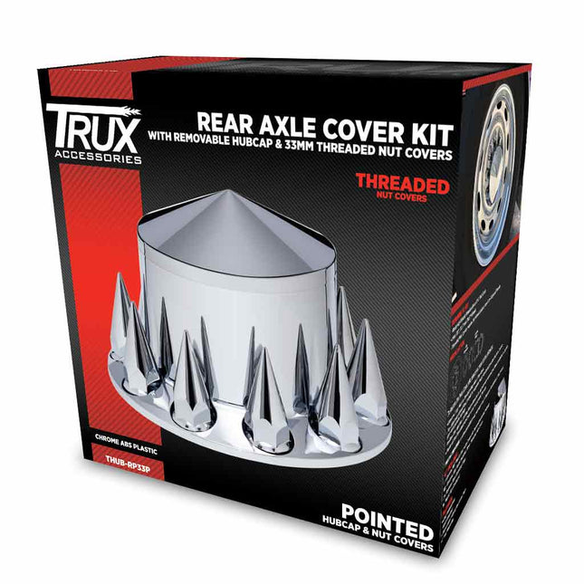 Rear Axle Cover Kit with Removable Hubcap & 33mm Threaded Nut Covers – Pointed Hubcap | Chrome ABS Plastic THUB-RP33P - General Diesel Repair & Chrome