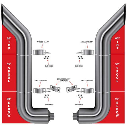 10″ Dia. Complete Bullhorn Exhaust Kit – 60″ Top Stacks | 55″ Middle Spools | 90° Elbows 10″ Reduced to 5″ Dia. - General Diesel Repair & Chrome