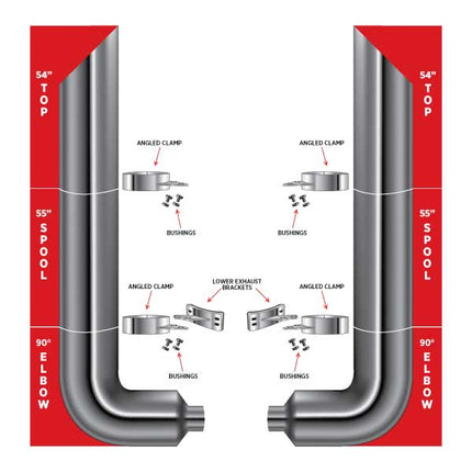 10″ Dia. Complete Mitered Exhaust Kit – 54″ Top Stacks | 55″ Middle Spools | 90° Elbows 10″ Reduced to 5″ Dia. - General Diesel Repair & Chrome